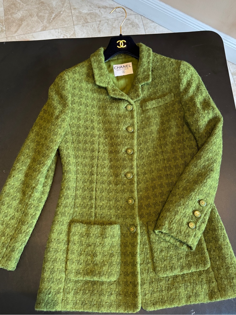 CHANEL 90s Runway documented  Olive Green Tweed Button-Front Jacket Logo Buttons